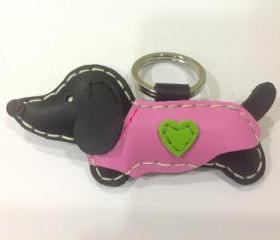 Edda the Dachshund Leather Keychain ( Black / Pink Outfit )