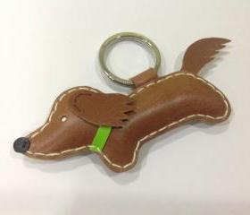 Russell the Running Dachshund Leather Keychain ( Dark Brown / Green Collar )
