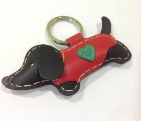 Edda the Dachshund Leather Keychain ( Black / Red Outfit )