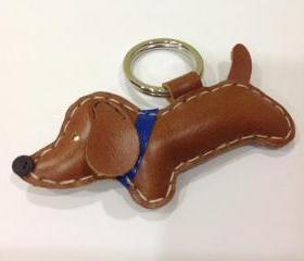 Copper the dachshund Leather Keychain ( Dark Brown / Blue collar )