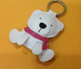 Julian the Polar Bear Leather Keychain ( White / Pink scarf )