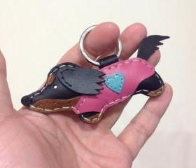 Moko the Running Dachshund Leather Keychain ( Black / Pink Outfit )