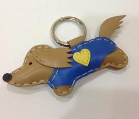 Mobo the dachshund Leather Keychain ( Cream / Blue Outfit )
