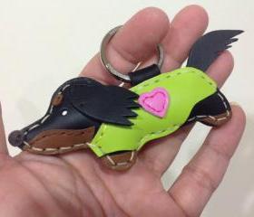 Moko the Running Dachshund Leather Keychain ( Black / Green Outfit )