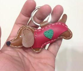 Copper the dachshund Leather Keychain with Outfit ( Dark Brown / Red Outfit )