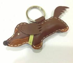 Rocker the Running Dachshund Leather Keychain ( Brown / Green collar )