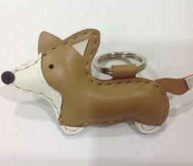 Luna the Corgi leather keychain ( Light Brown )