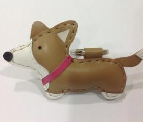Luna the Corgi leather keychain ( Light Brown / Pink Collar )