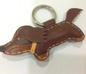 Rocker the Running Dachshund Leather Keychain ( Brown / Orange collar )