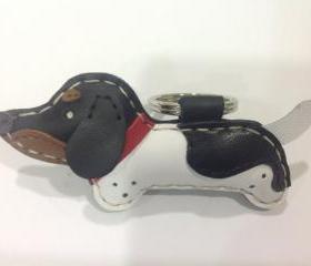 Rebel the Piebald Dachshund Leather Keychain ( Black / White and Red collar )