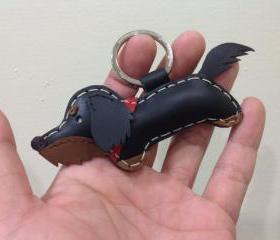 Glenn the Wire haired Dachshund Leather Keychain ( Black / Red collar )