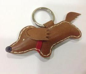 Russell the Running Dachshund Leather Keychain ( Dark Brown / Red Collar )