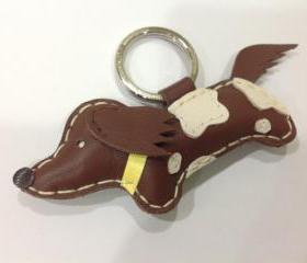 BiBi the Running Dachshund Leather Keychain ( Brown / Yellow collar )