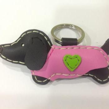 Edda the Dachshund Leather Keychain ( Black / Pink Outfit )